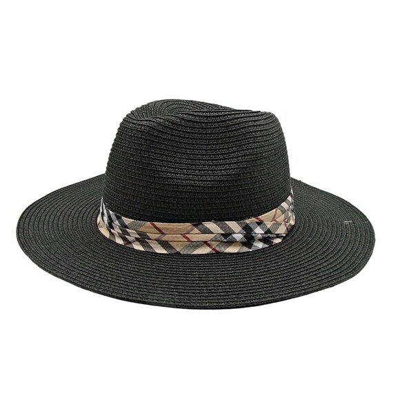 Black Wide Floppy Brim Sun Hat Plaid Band Beach Travel OSFM Rockabilly Western - Picture 1 of 10